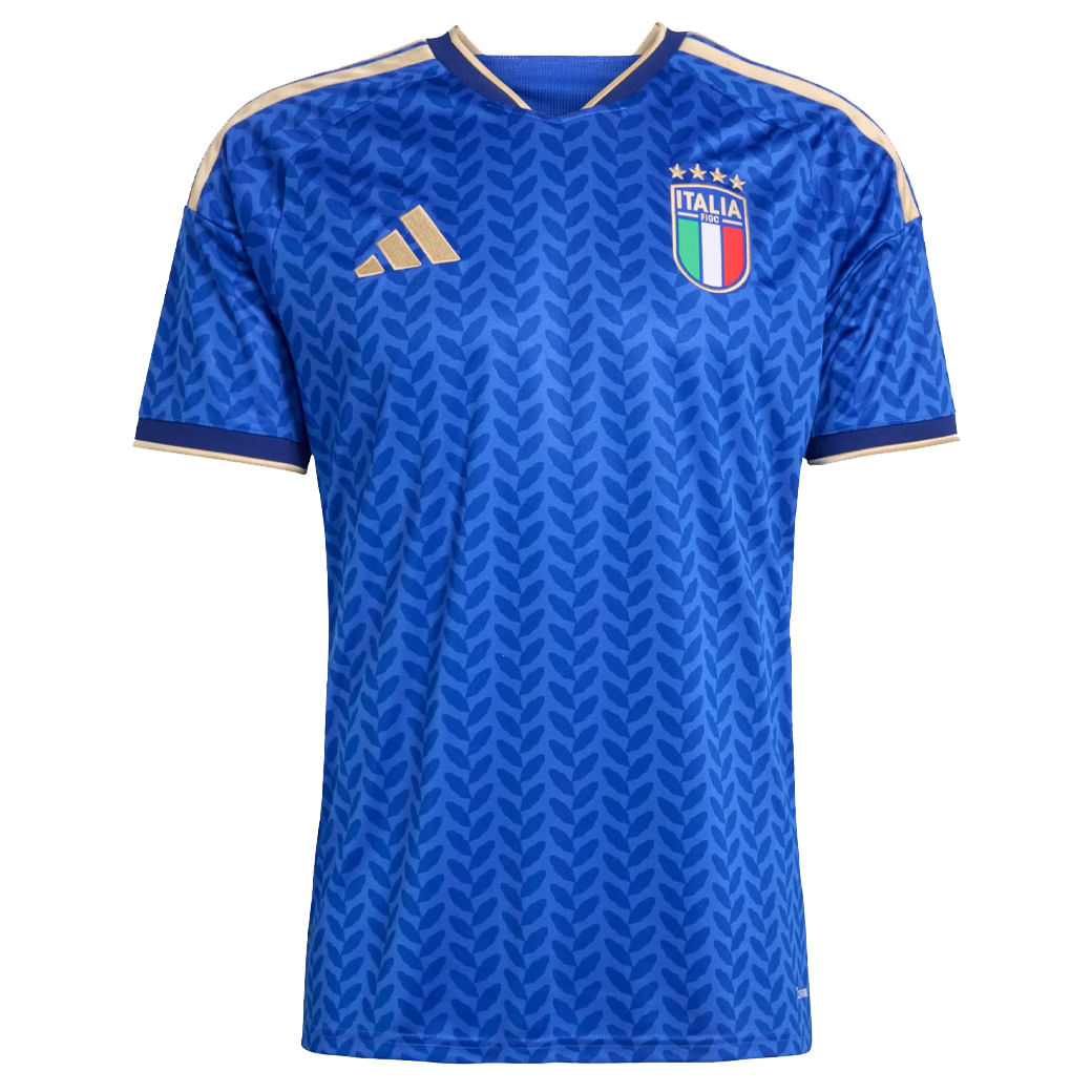 Camisa masculina azul Adidas com escudo da Itália e detalhes dourados nas mangas